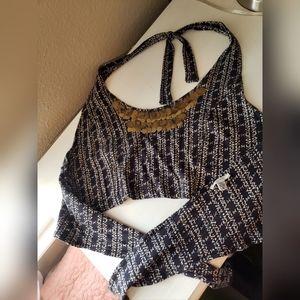 Navy embellished cropped halter top